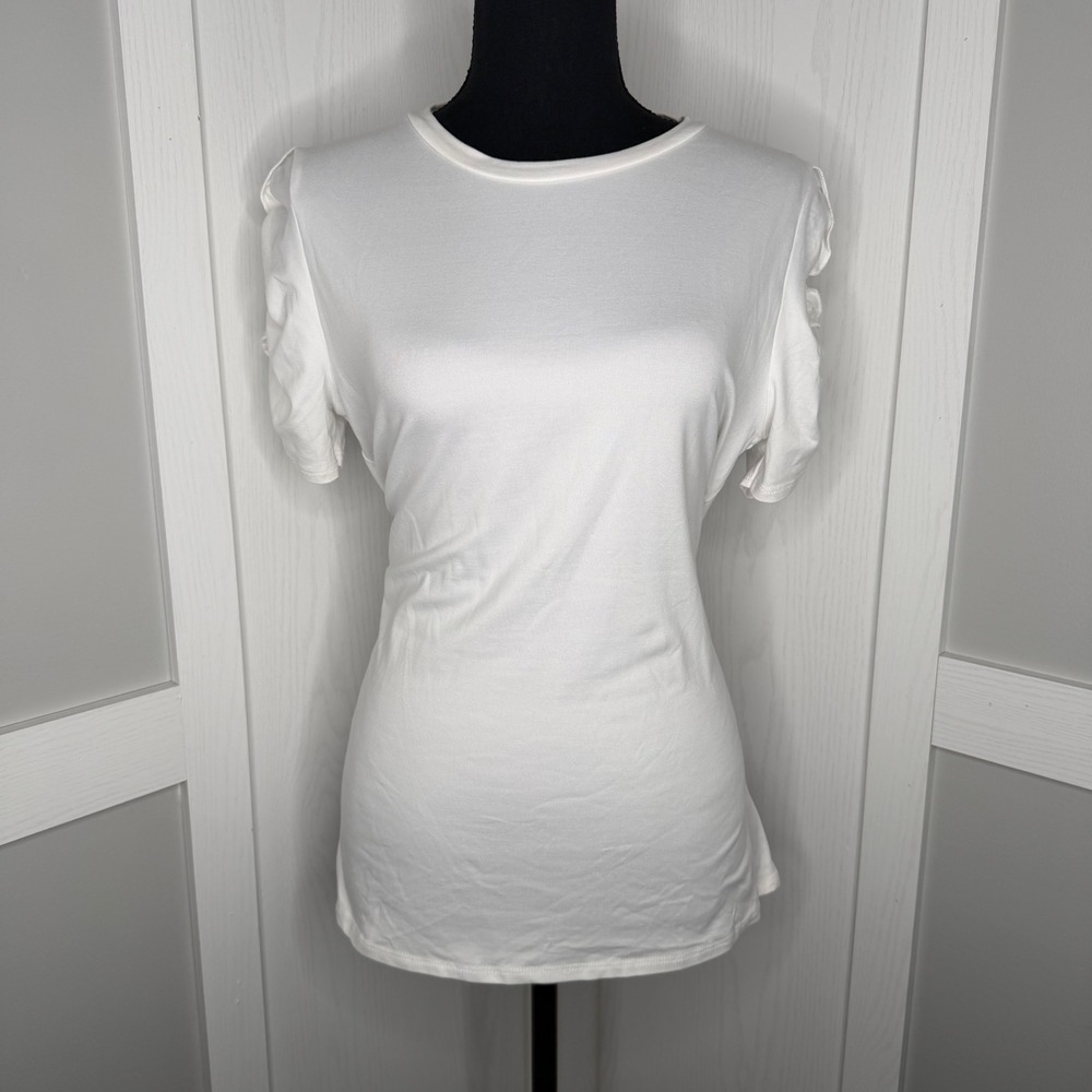 Les Amis T-Shirt Women Large White Ruched Puff Sleeve Stretch Tee T1355